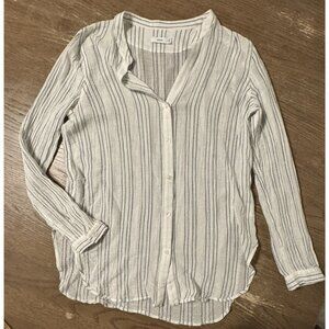 Vince Women Button Up Shirt White Striped Sheer Cotton Long Sleeve Slit Coastal